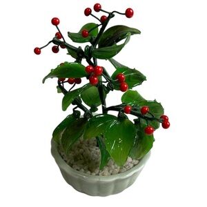 Vintage Glass Faux Holly Berry Bonsai Plant Festive Green Red Holiday Decor